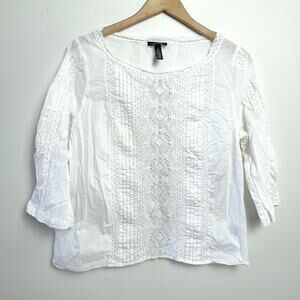 Lauren Ralph Lauren Lace White Blouse Medium Boho Cottage Romantic Cotton